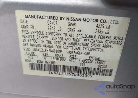 2007 Nissan Altima 2.5 S from USA, damaged, VIN 1N4AL21EX7N461095
